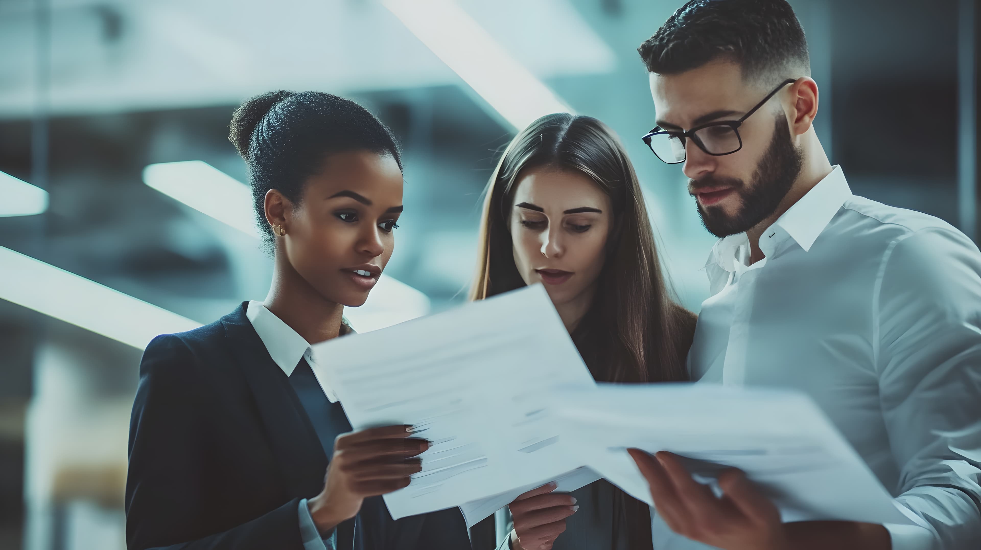 Business professionals reviewing matched tender documents