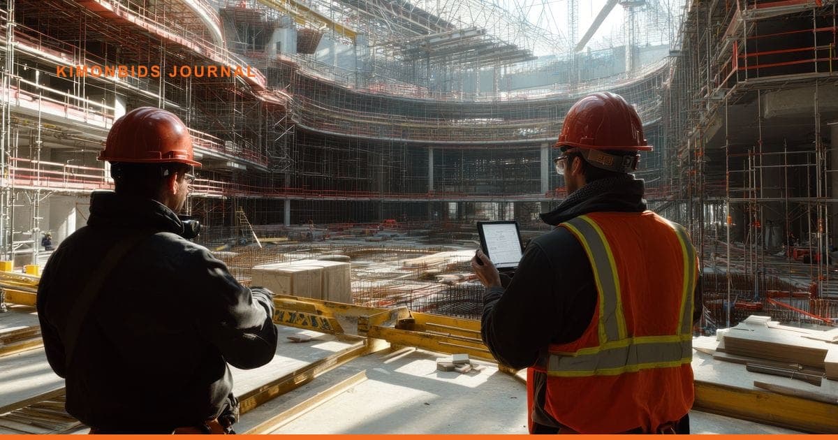 Two workers in hard hats, one holding a tablet, look over a large construction site surrounded by scaffolding.