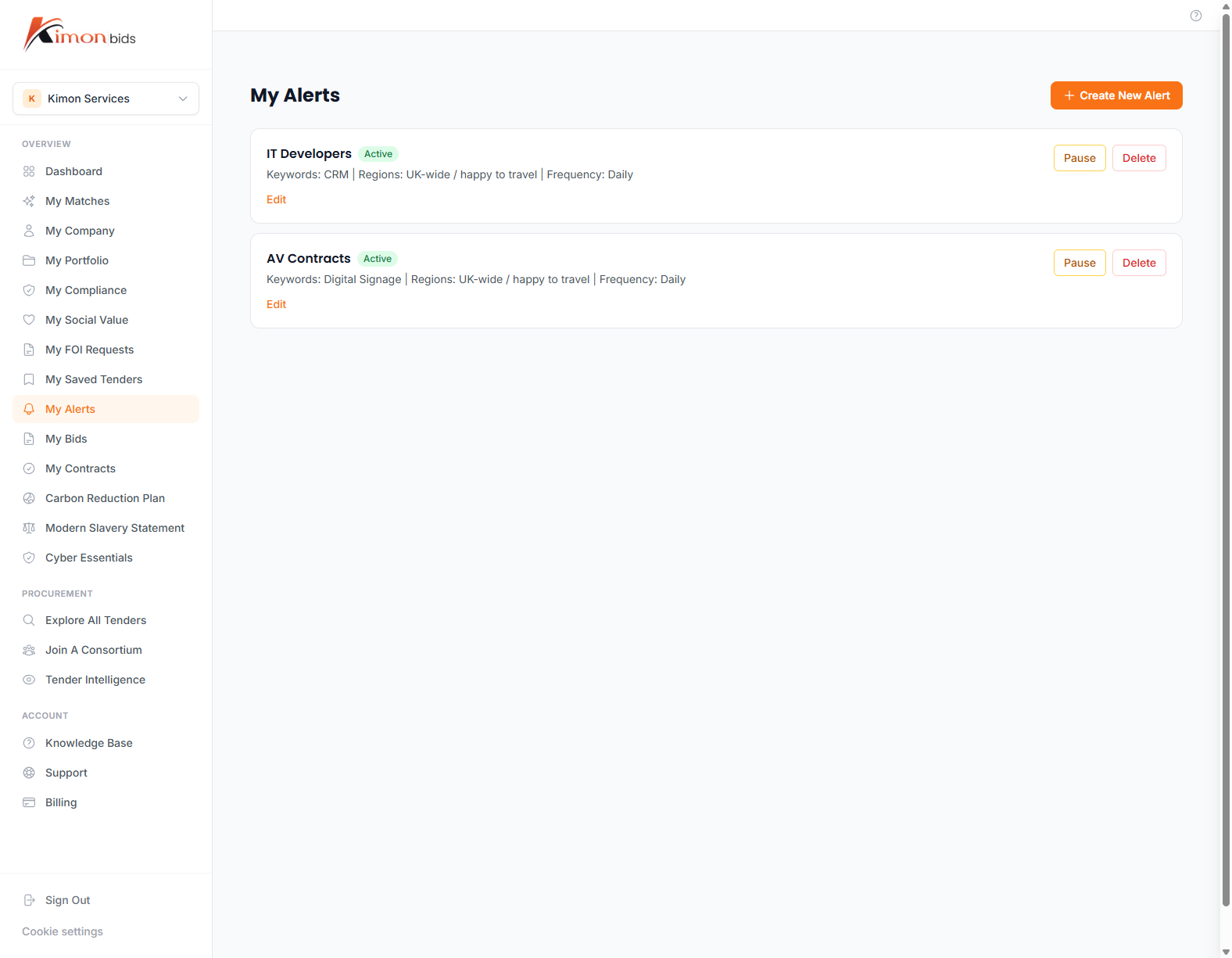 My Alerts page with active alerts, keyword filters, and region filters