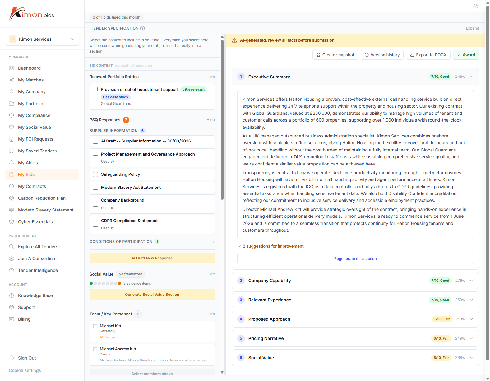 Bid Workspace showing review scores and RAG indicators for each section