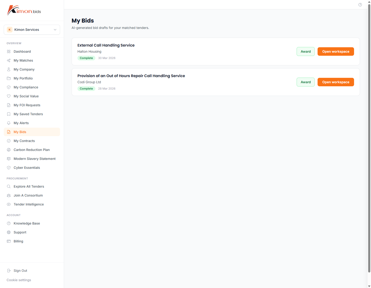 My Bids list showing active bids with Award and Open workspace buttons