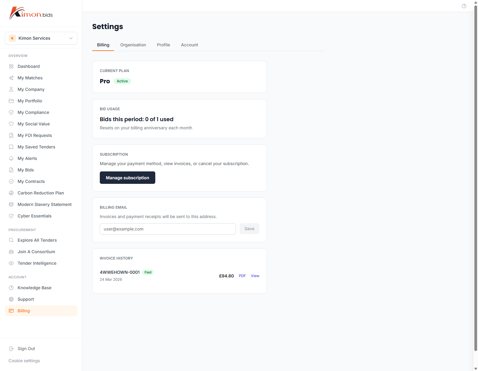 Settings Billing page showing current plan, usage summary, and subscription management