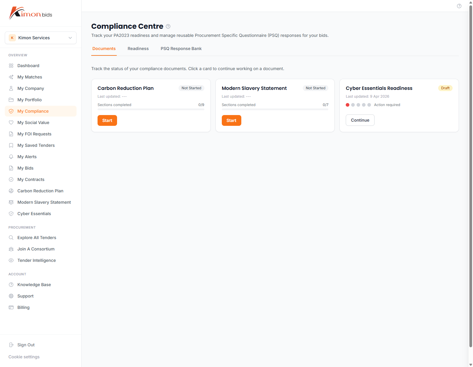 Compliance Centre showing CRP, Modern Slavery Statement, and Cyber Essentials status cards