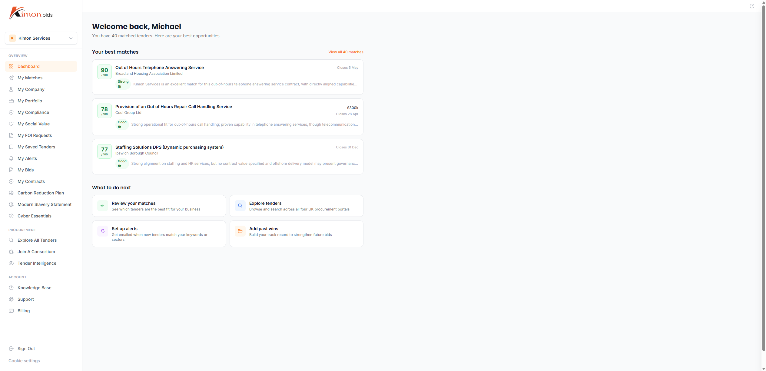 KimonBids dashboard showing active bids, matched tenders, compliance status, and pipeline value