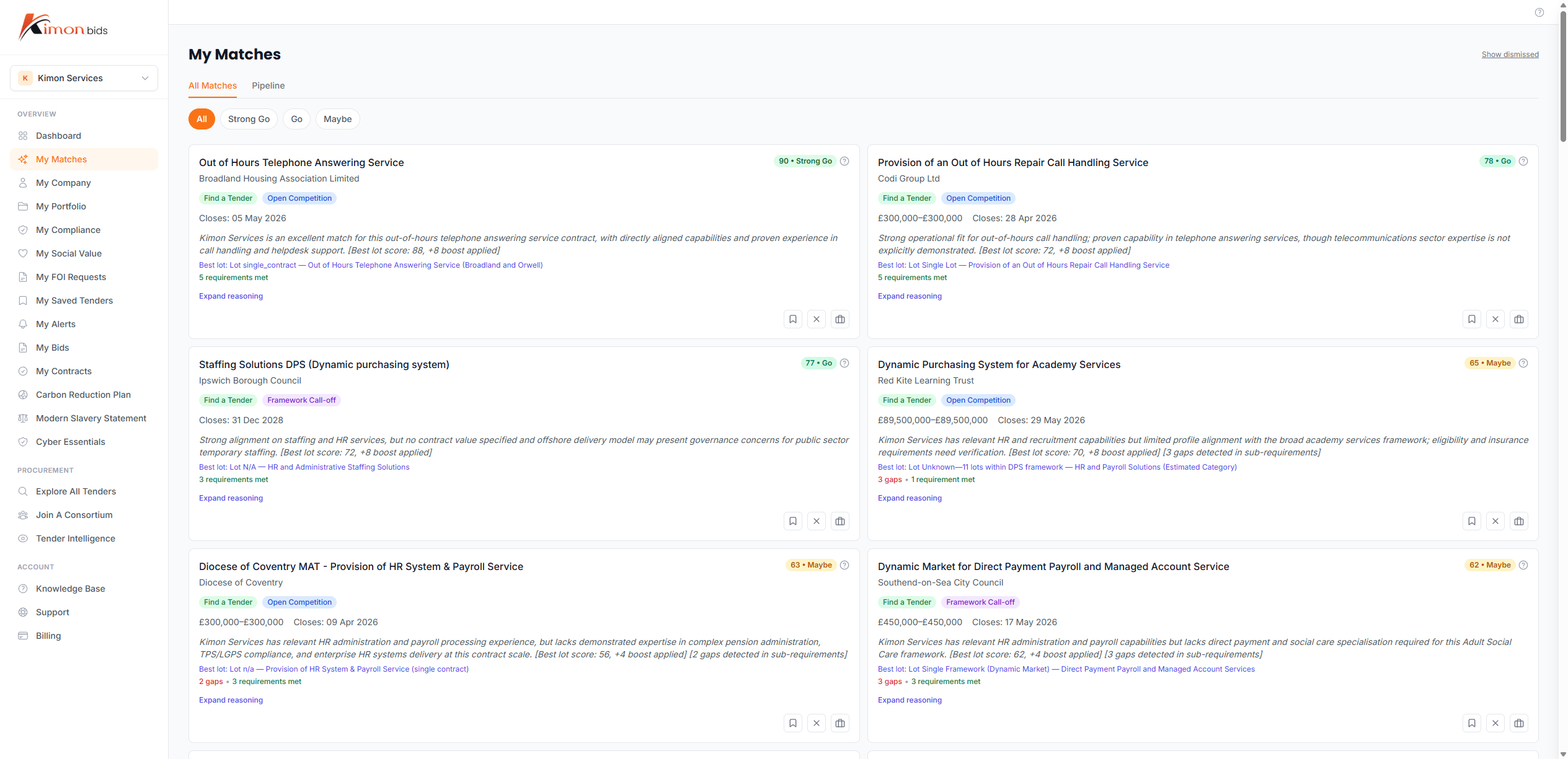 My Matches page showing match cards with relevance scores and filtering options