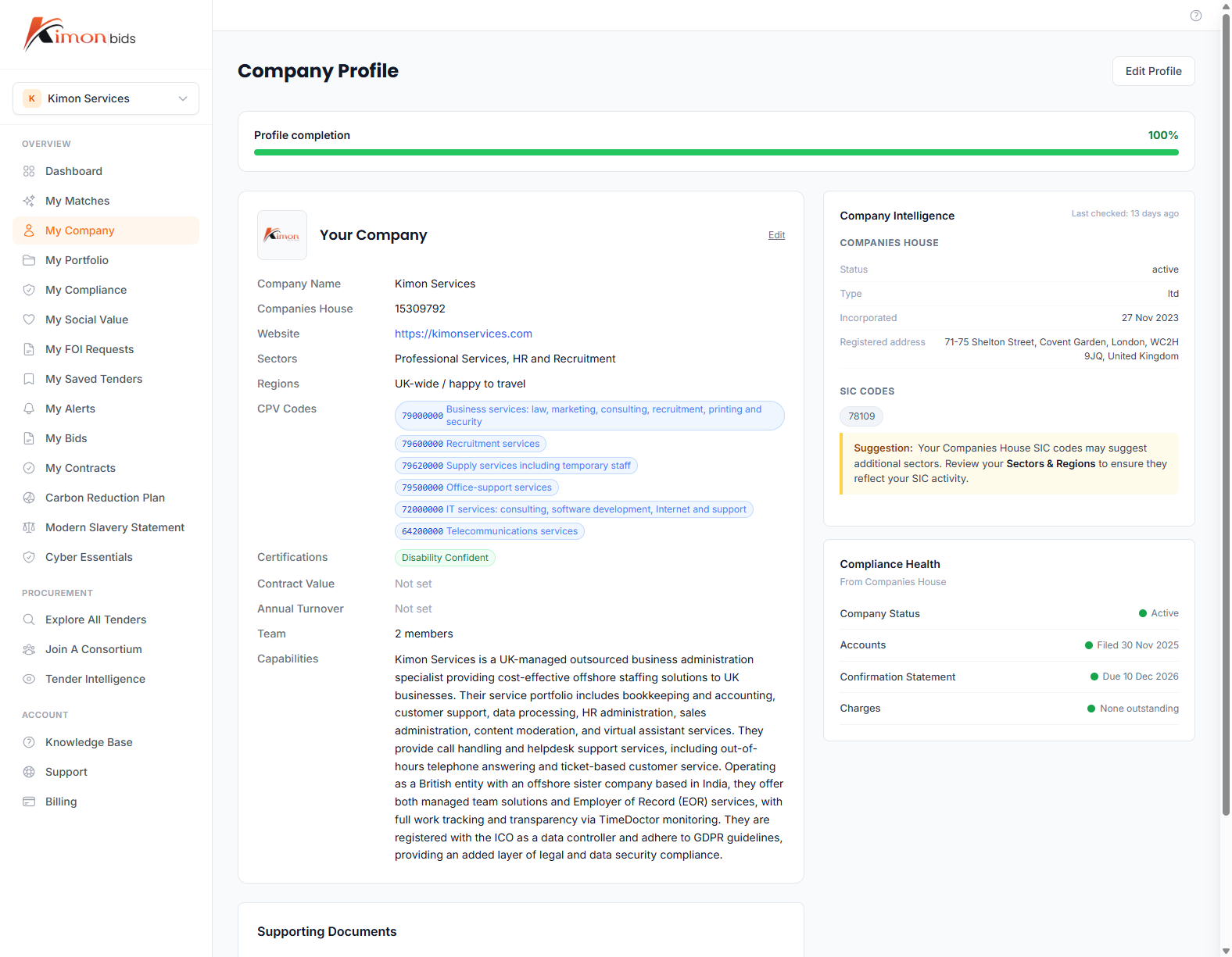 Company Profile page showing CPV codes, certifications, and profile completion bar