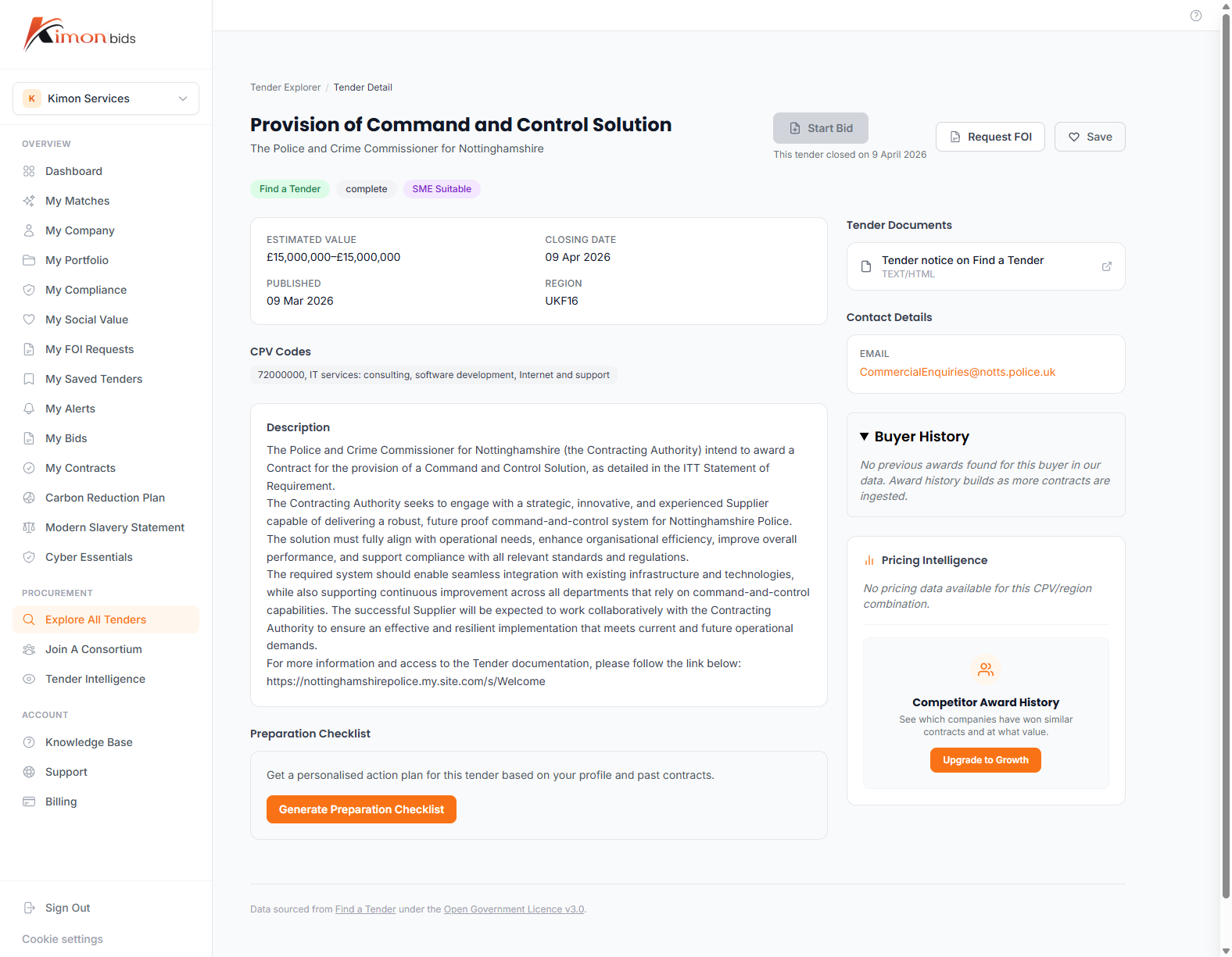 Tender detail page with description, buyer history, and pricing information