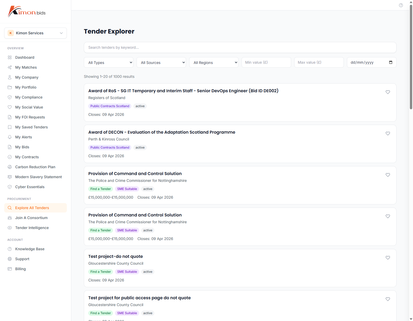 Tender Explorer with search bar, filters, and tender listing